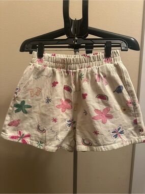 Floral & Butterfly Print Cream Elastic Waist Athletic Shorts
